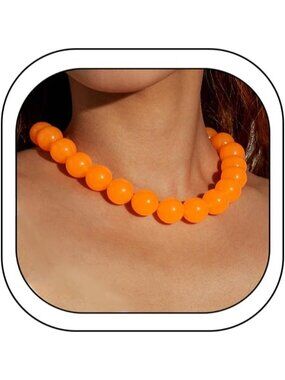 Women's Orange Acrylic Beaded Choker Necklace Chunky Round Bead Statement